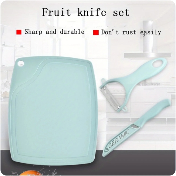 3pcs Kitchen Fruit Knife Set With Cutting Board, Peeler & Paring Knife new blue - Picture 2 of 15